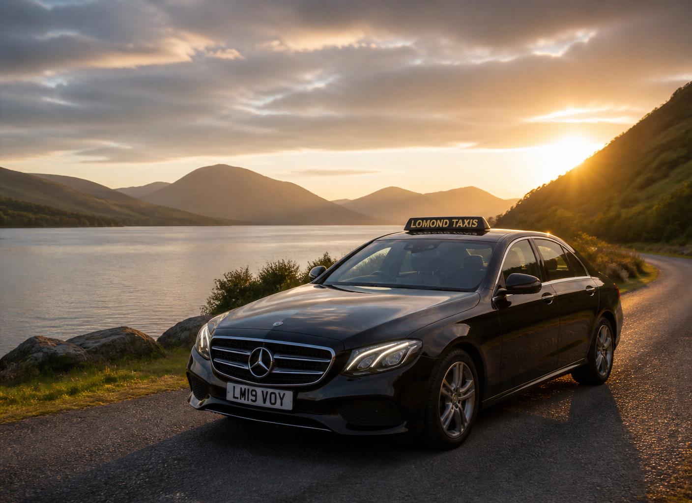 Premium taxi on a scenic road near Loch Lomond